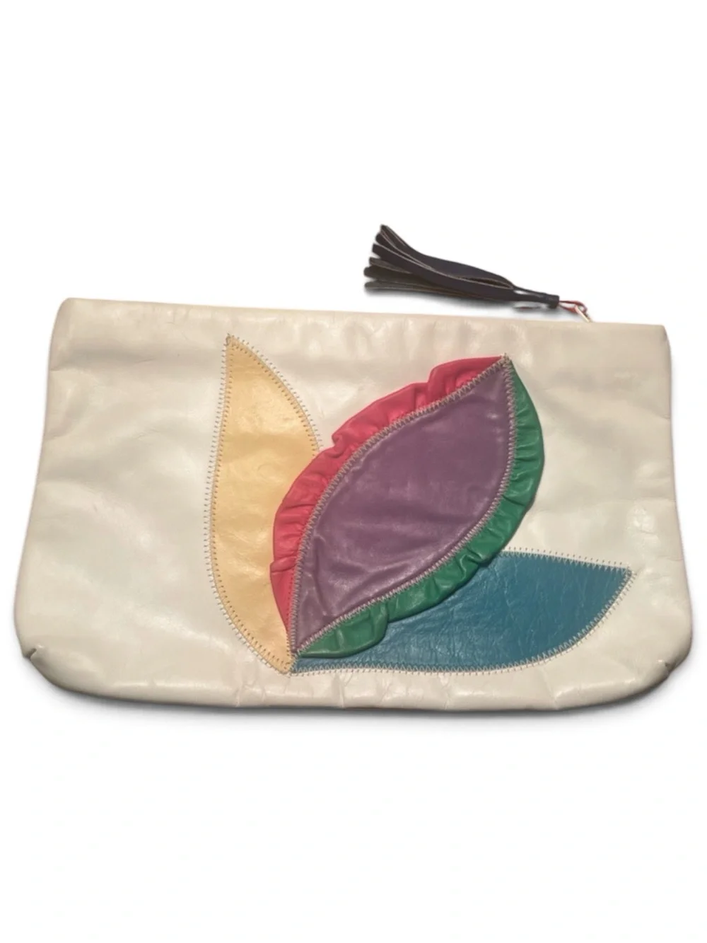 Vintage 1980s Leather Patchwork Color-Block Leaf Appliqué Clutch Pouch Bag